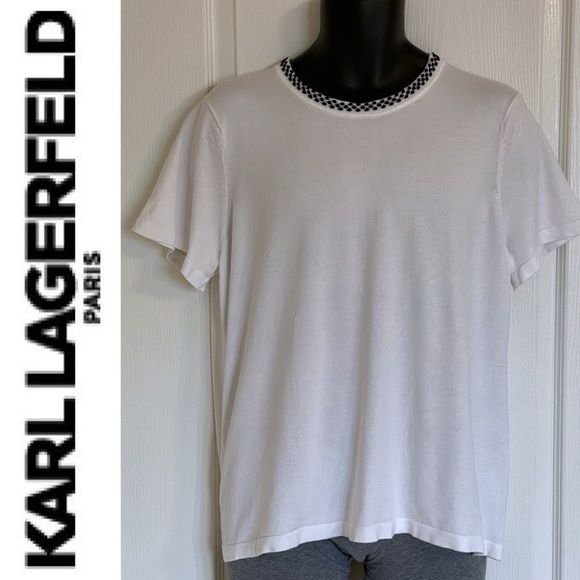 KARL LAGERFELD PARIS white knit t-shirt with black neck trim, XL - Picture 4 of 16